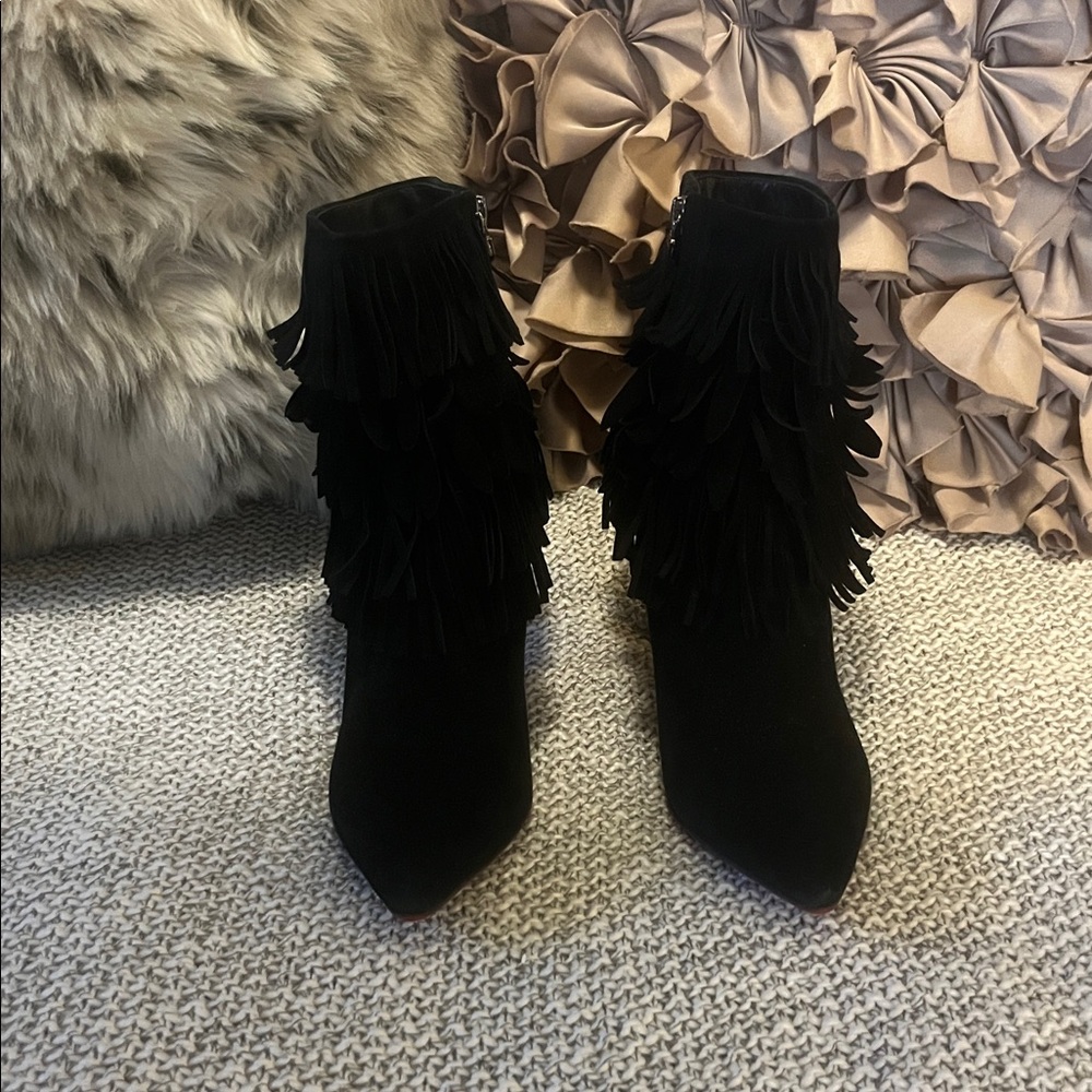 Black Suede Woman’s Pointed Toe Fringe Red Sole Stiletto Heel Ankle Booties - Picture 3 of 16